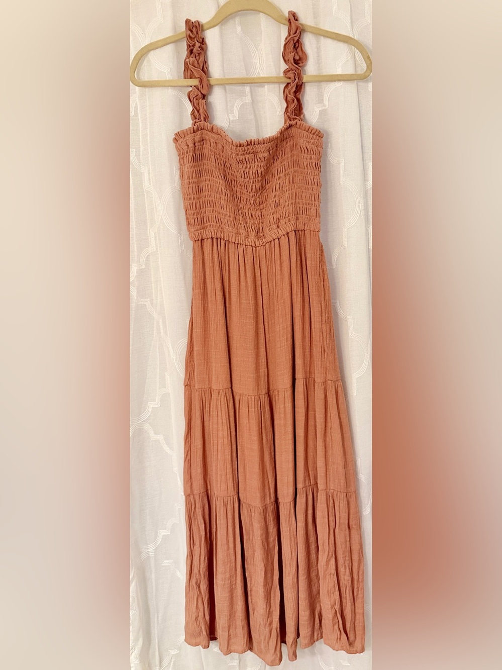 Love Tree Smocked Gauze Midi Dress Size Small in Rusty Terracotta - Picture 2 of 11